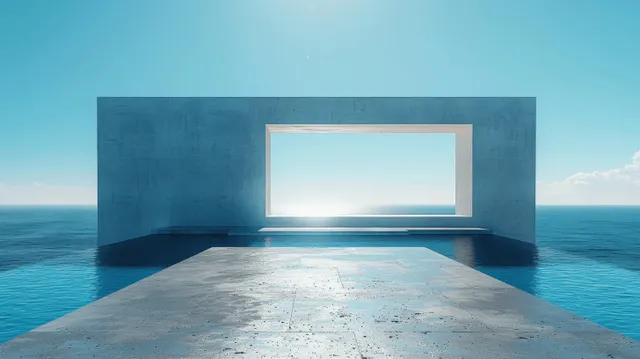 Empty concrete plaza in front of a minimalist modern facade with a glowing rectangular opening under a blue sky.