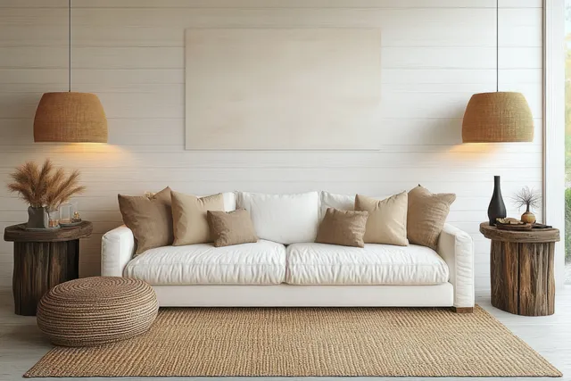 Minimalist living room with white sofa, beige rug, warm lamps, and wooden side tables against light walls.