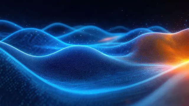 Glowing blue and orange light particles form flowing wave ripples across a dark digital network.