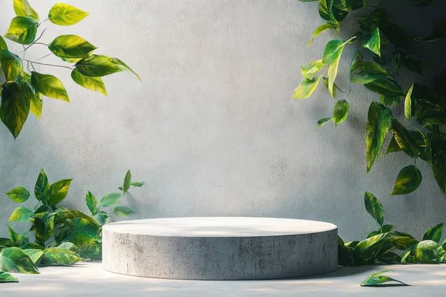 Grey concrete pedestal in a bright minimal room with vibrant green leaves surrounding it.