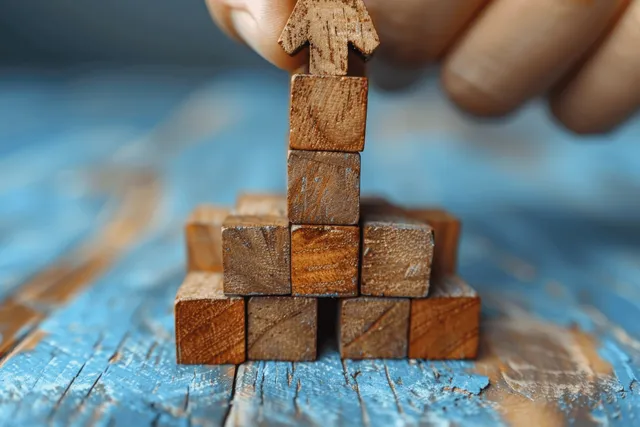 Hand stacking wooden blocks into an upward growth arrow on blue table
