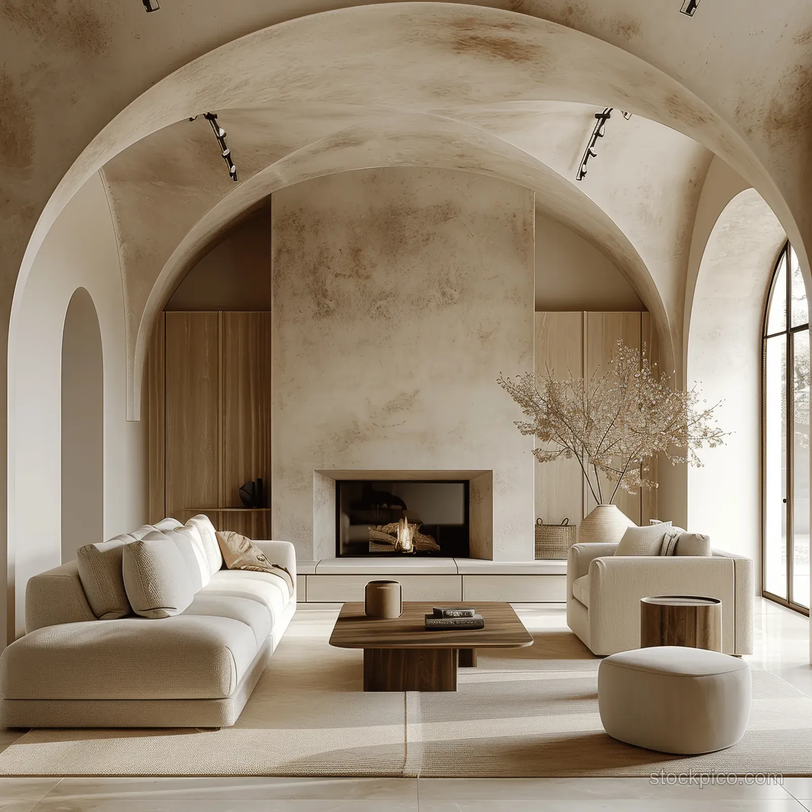 Minimalist Mediterranean living room with arched stucco ceiling, fireplace, beige rug, and lounge chairs around a coffee table.
