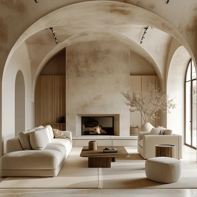 Minimalist Mediterranean living room with arched stucco ceiling, fireplace, beige rug, and lounge chairs around a coffee table.