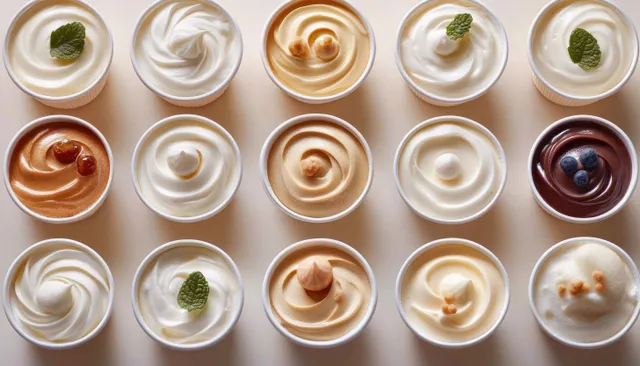 Top view grid of creamy dessert cups garnished with mint, nuts, berries, and swirled toppings.