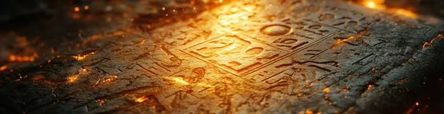 Close-up of carved Egyptian hieroglyphs on a stone tablet, lit with warm dramatic highlights.