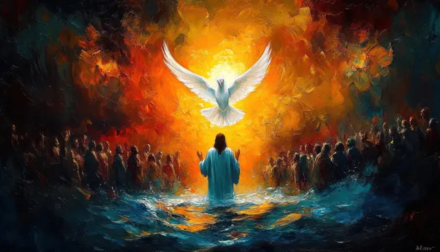 A glowing white dove descends through golden light above dark crowds, with a blue-robed figure raising hands in water.