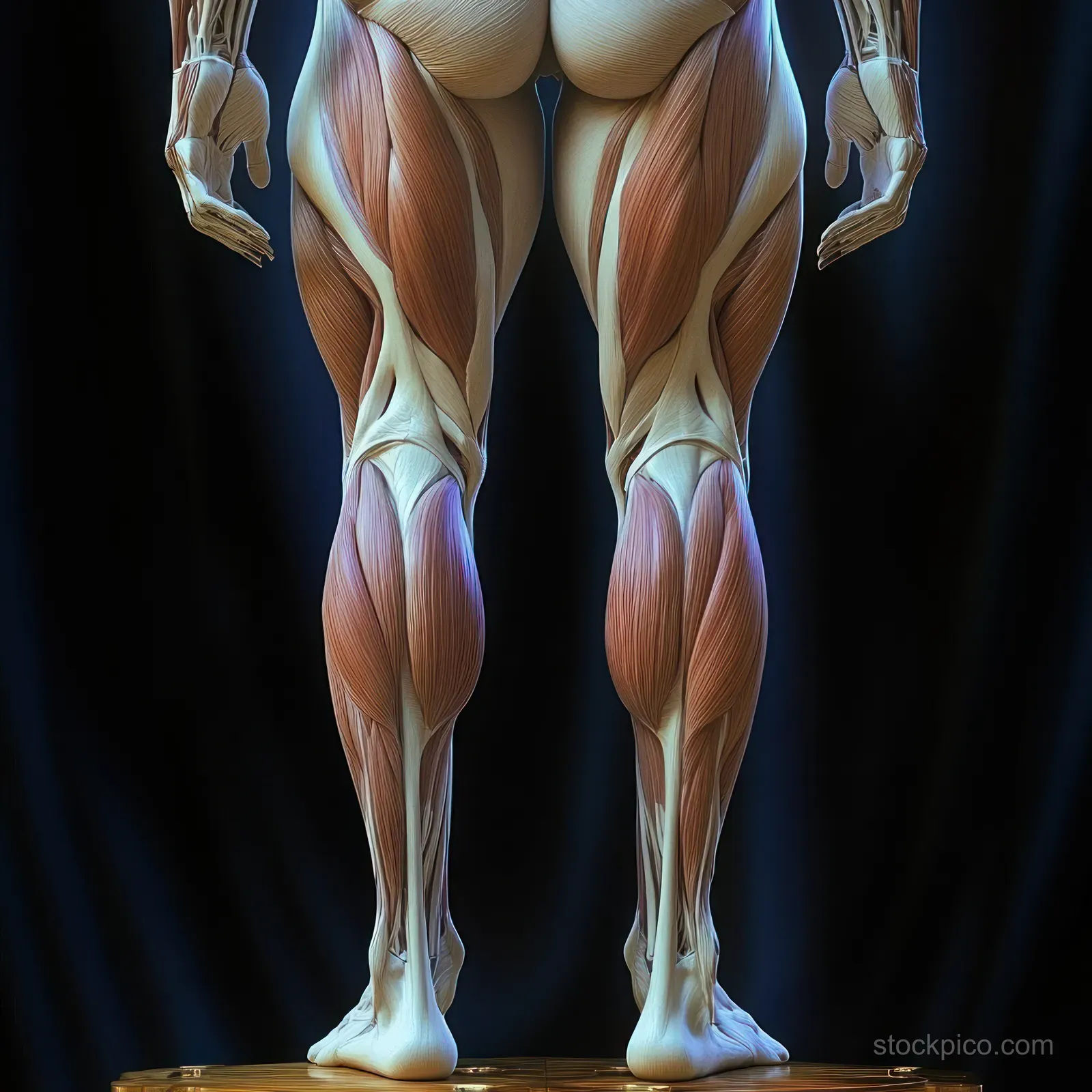 Female lower-body anatomical illustration displaying hip, thigh, and knee muscles with dark lighting and visible tendon lines.