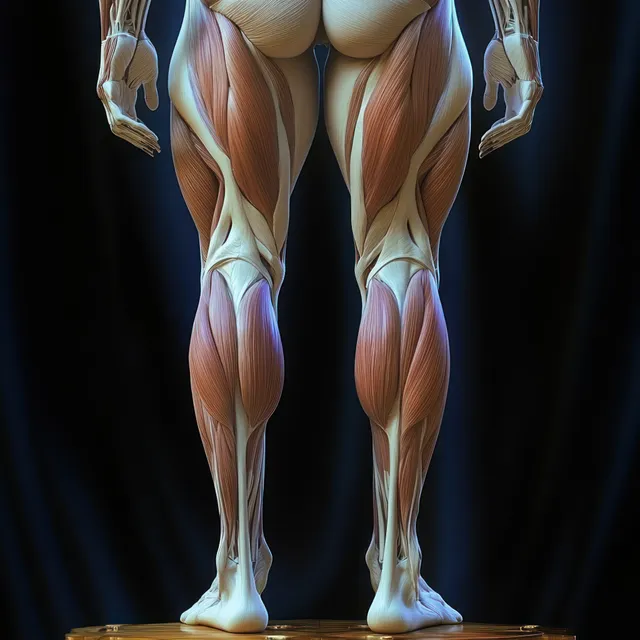 Female lower-body anatomical illustration displaying hip, thigh, and knee muscles with dark lighting and visible tendon lines.