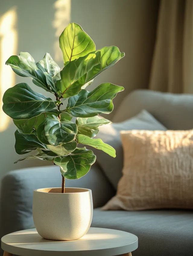 Fiddle leaf fig plant in a white pot on a round table next to a sunlit modern sofa in a minimalist living room.