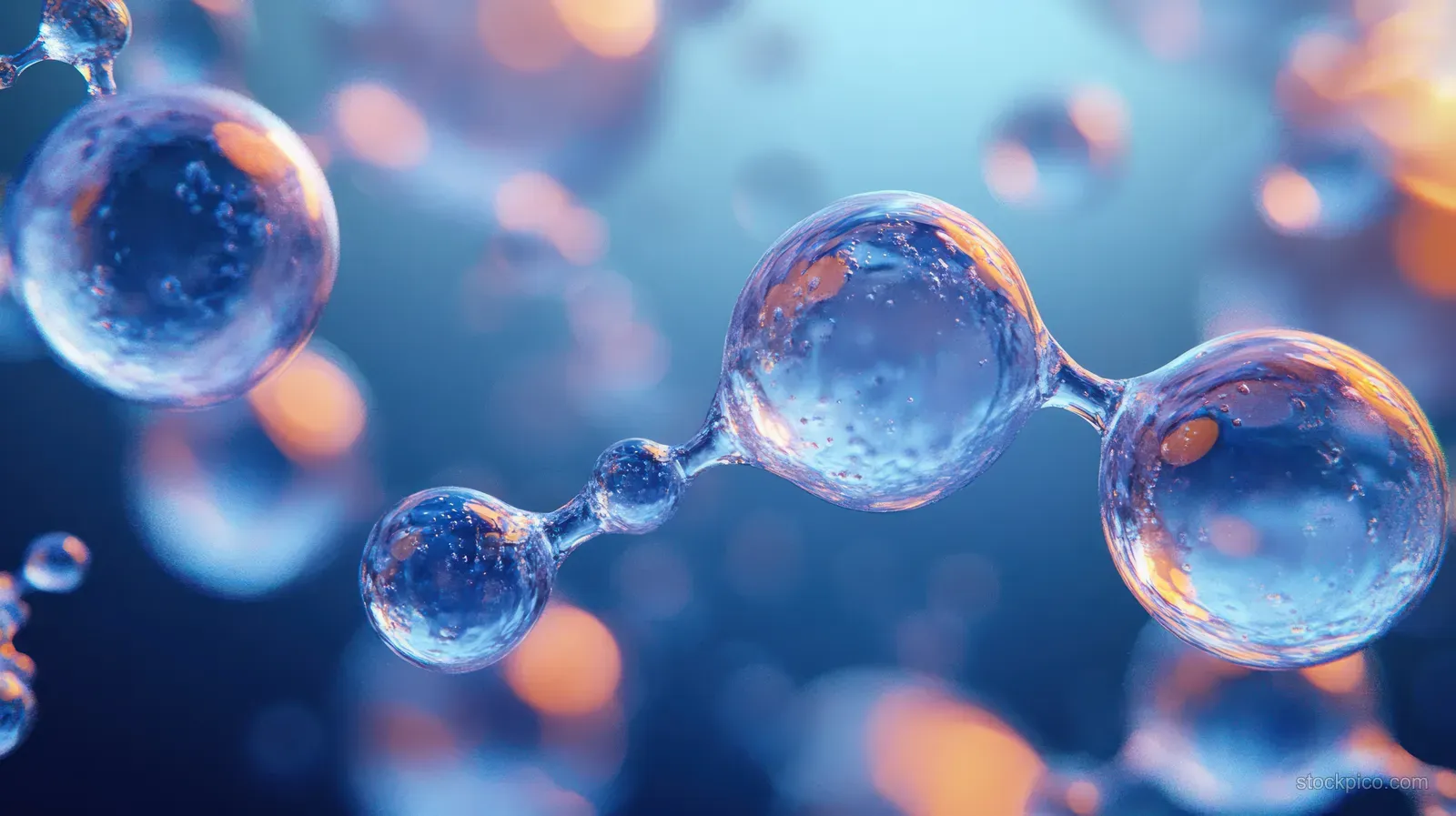 Interconnected water molecule bubbles float in a blue gradient with soft ambient reflections and glow.