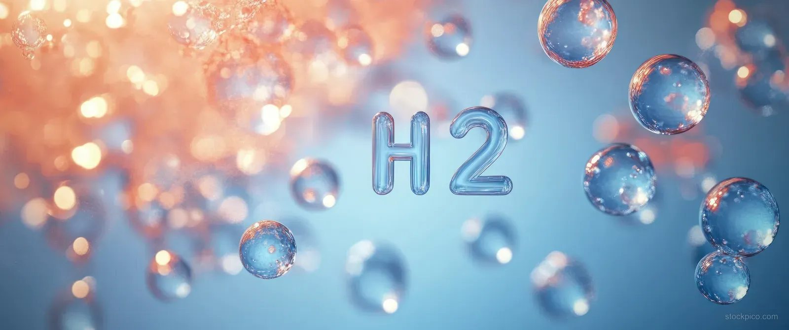 H2 text surrounded by floating bubbles on a blue hydrogen energy background.