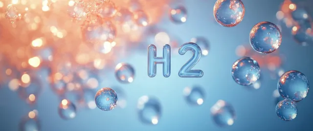 Floating H2 bubbles against a blue hydrogen energy concept background