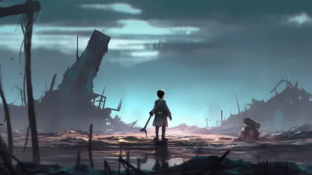 A child walks forward toward a hooded scythe figure across a ruined battlefield in stormy cyan mist.