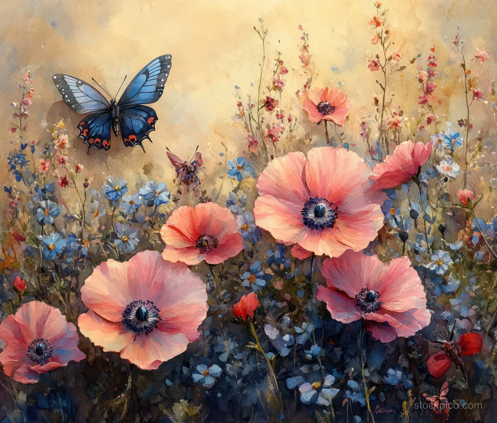 Watercolor wildflowers and butterflies hover above a pastel meadow with warm light and blooming petals.