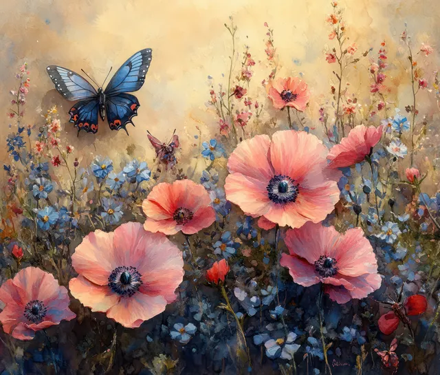 Watercolor wildflowers and butterflies resting in a soft meadow under warm natural light
