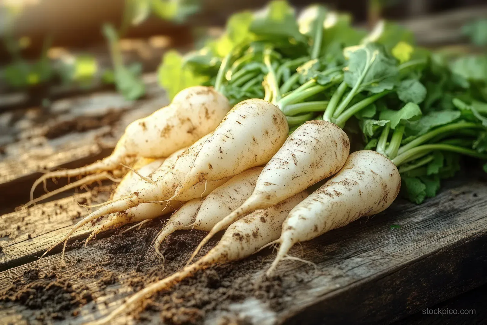 Fresh white radishes with leafy tops rest on a weathered wooden table.
