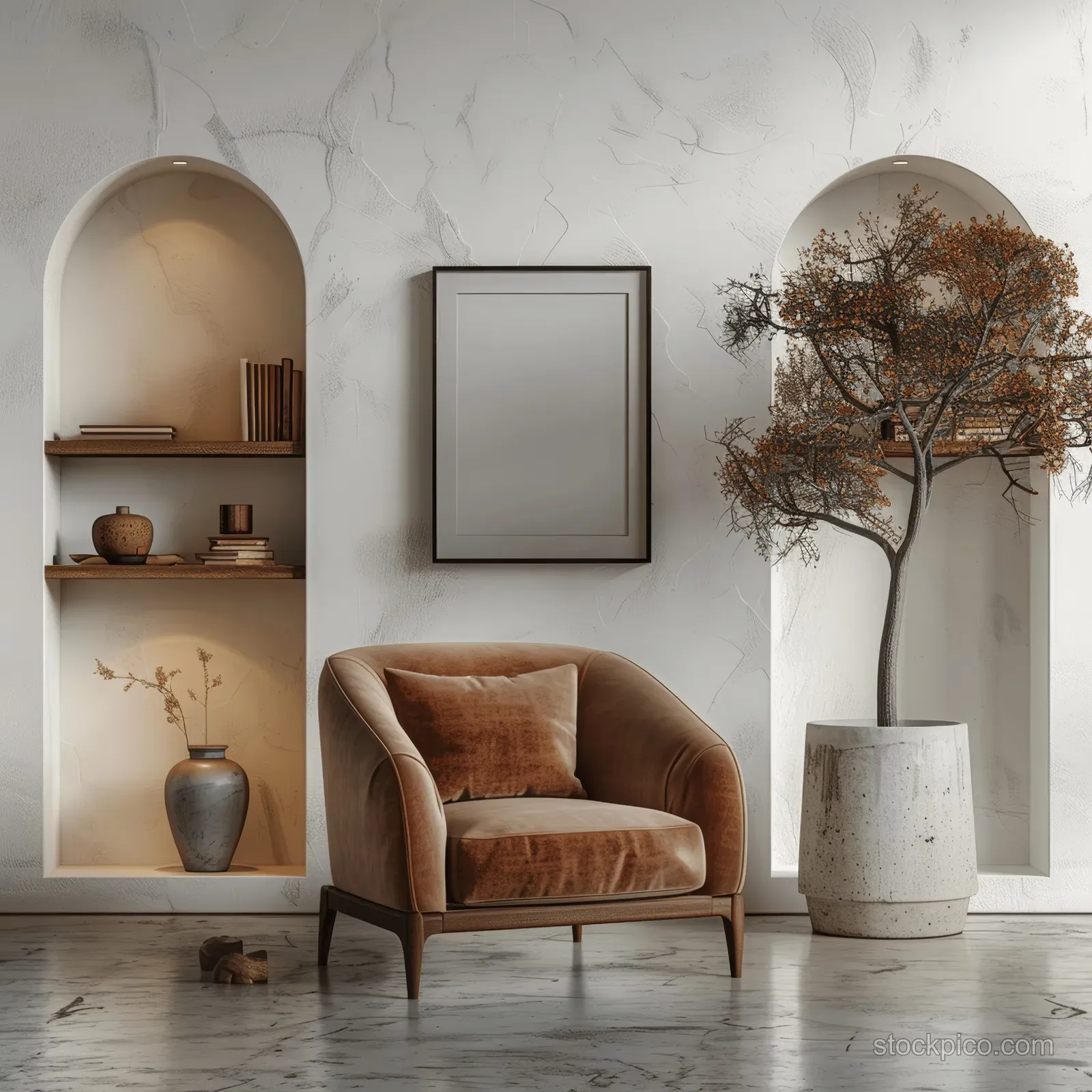 Minimalist living room corner with an armchair, arched shelves, a blank canvas frame, and vases with a small tree.