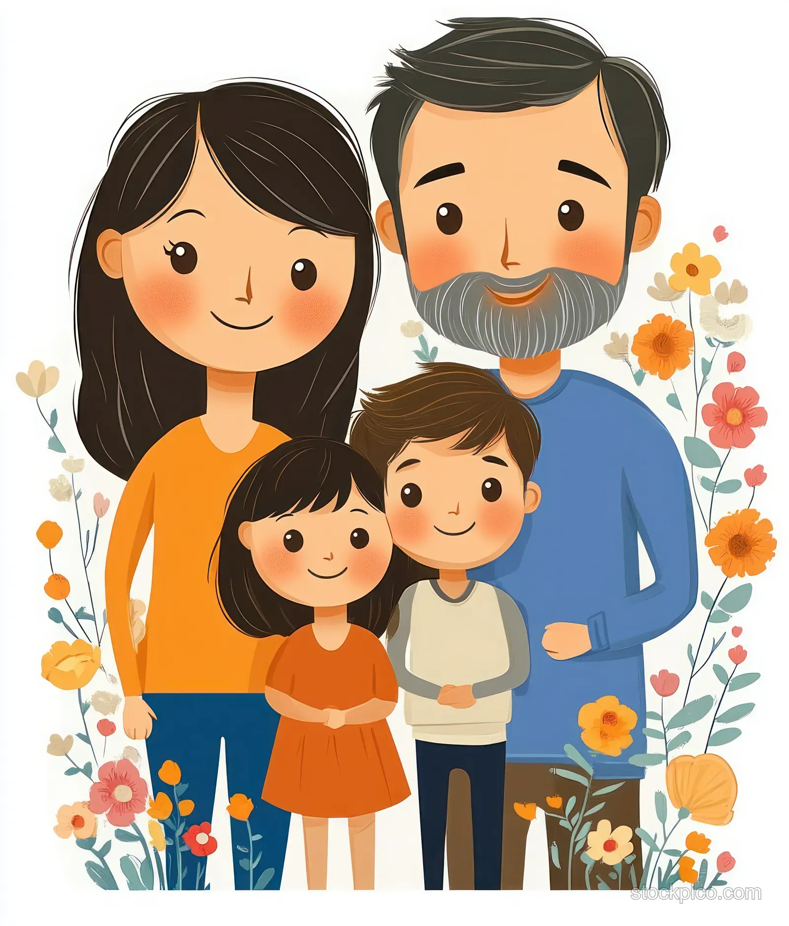 An illustrated three-generation family portrait smiling together beside pastel flowers.