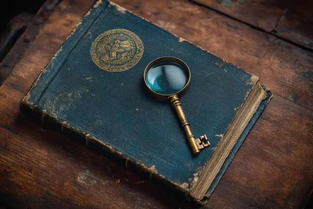 Worn blue book with gold emblem beside antique key magnifying glass on wooden desk