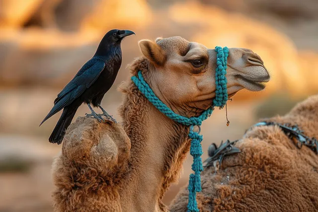 Camel with blue rope harness stands in desert, black crow perched on hump