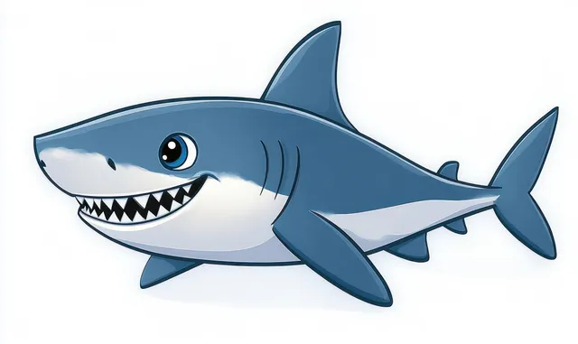 A smiling cartoon shark with big eyes and sharp teeth shown against a white background.