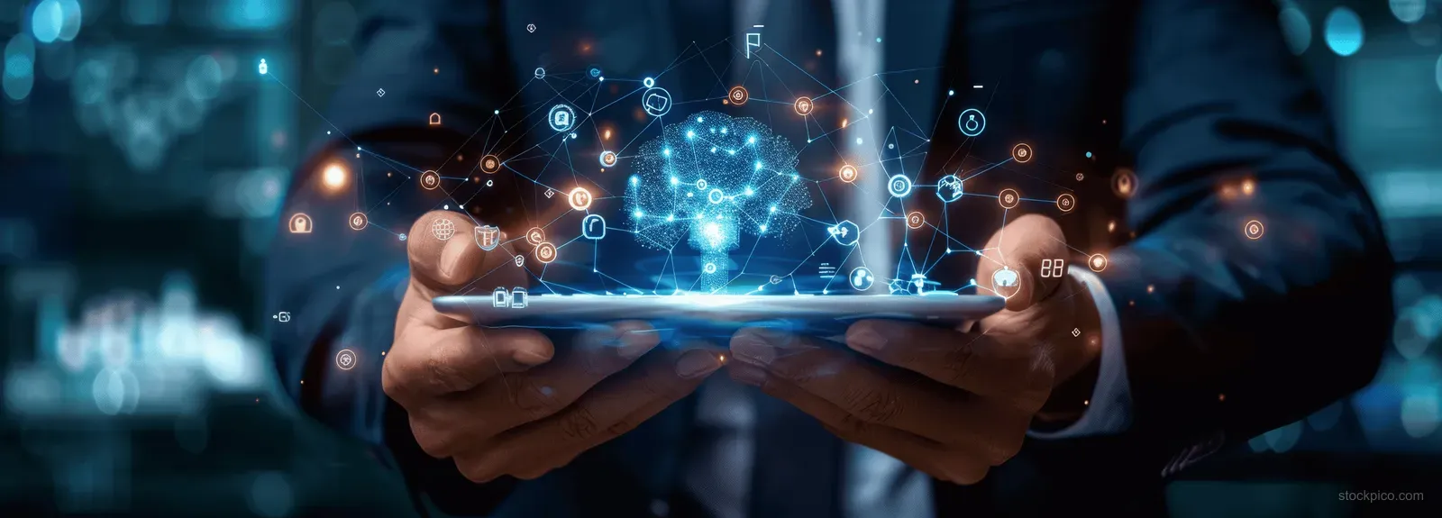 A bank executive holds a tablet displaying glowing holographic AI network data in a dark fintech office.