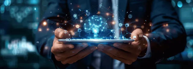 Bank executive using tablet with holographic AI data nodes in futuristic fintech office
