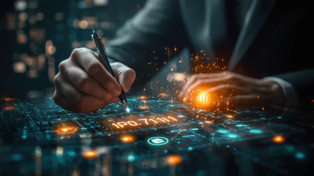 Businessman signing ISO 27001 security checklist beside glowing digital certification interface