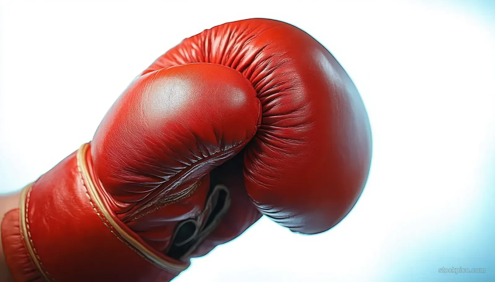 A red boxing glove clenches forward in close-up against a bright blurred background.