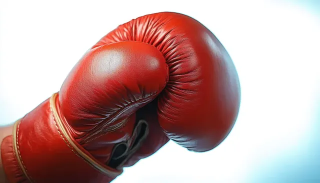 Red boxing glove clenched in close-up, against bright blurred background