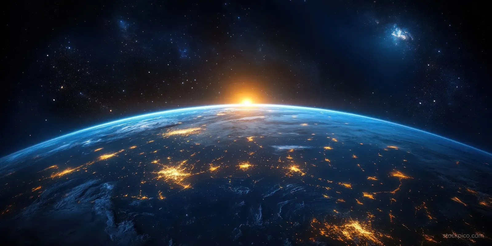Sunrise over Earth from space, with glowing city lights on the dark side and stars overhead.
