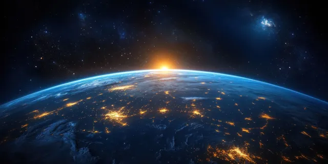 Sunrise over Earth from space, with glowing city lights on the dark side and stars overhead.