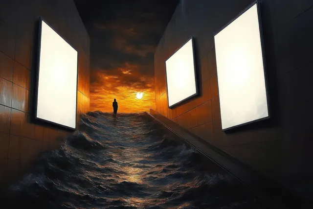 Lone silhouette stands on flooded stairs in a dark corridor with blank glowing billboards under a fiery sunset sky.
