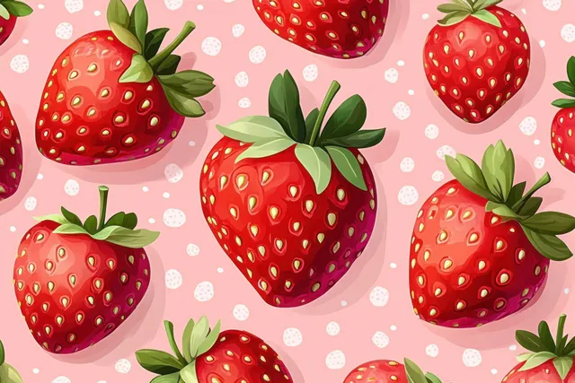 Repeating strawberries with green leaves and small flowers on a soft pink patterned background.
