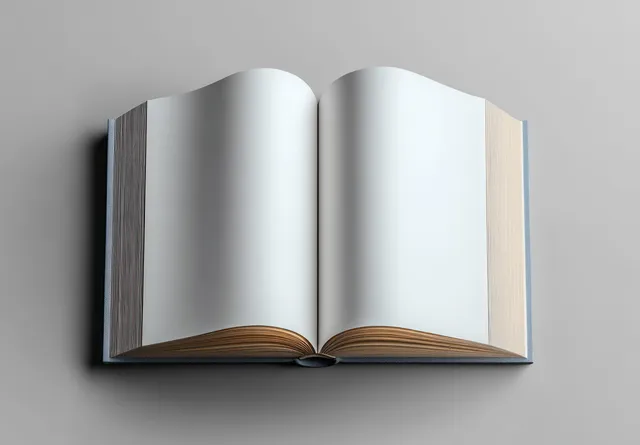 Minimalist open book with blank pages displayed against a gray background with soft studio lighting.