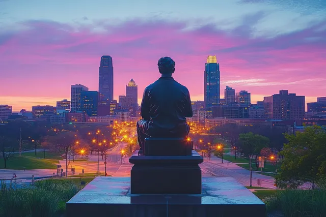 Des Moines skyline at dusk behind a foreground statue, twilit sky and illuminated buildings
