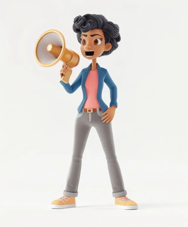 A 3D cartoon woman stands in side view holding a gold megaphone against a solid white background.