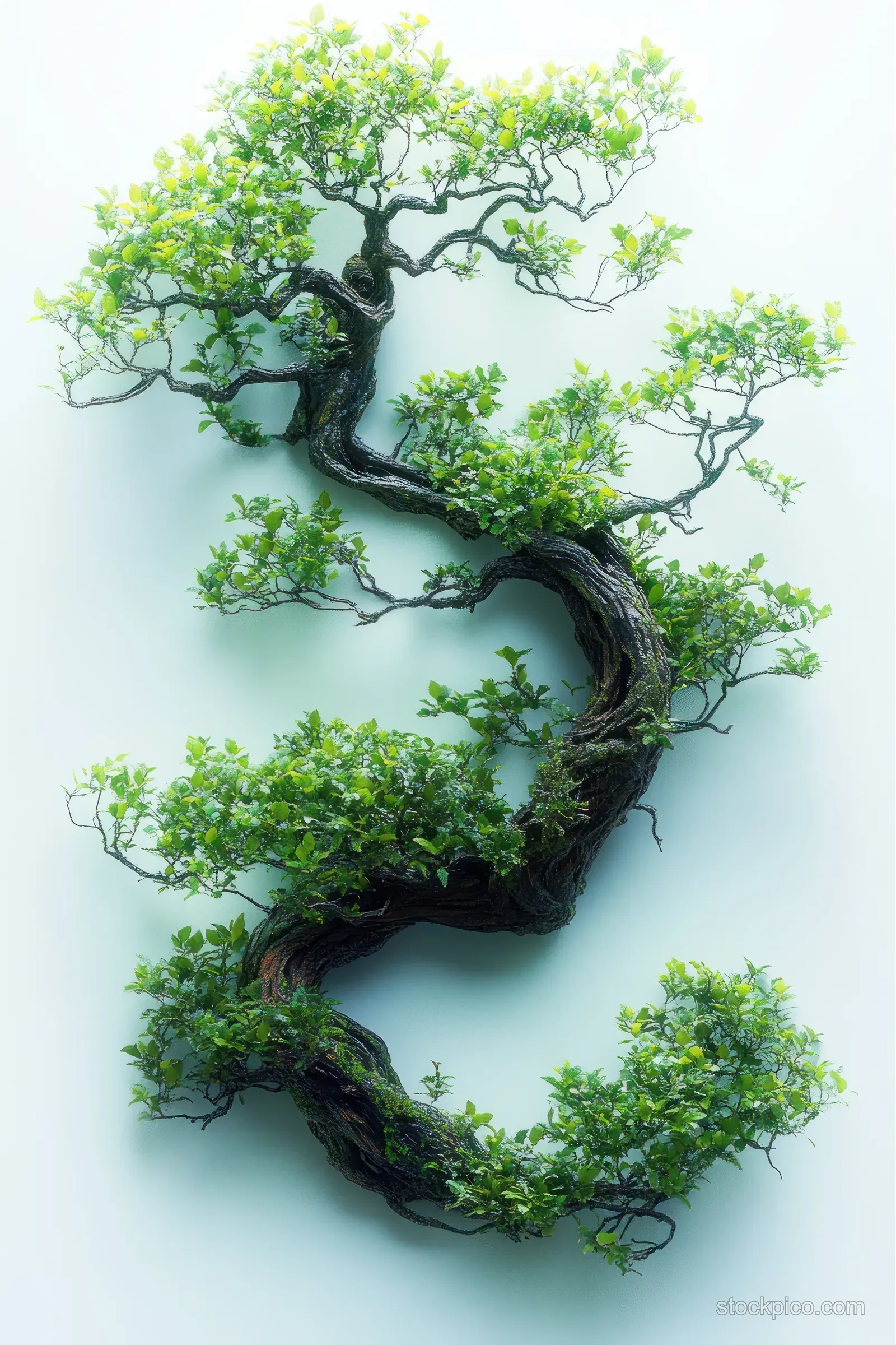 Twisted bonsai tree with dense green leaves arranged like a flowing ribbon on a light background.