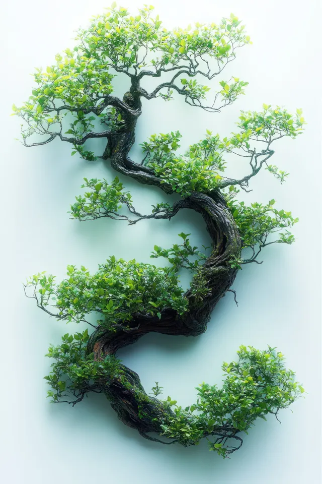 Twisted bonsai tree with dense green leaves arranged like a flowing ribbon on a light background.
