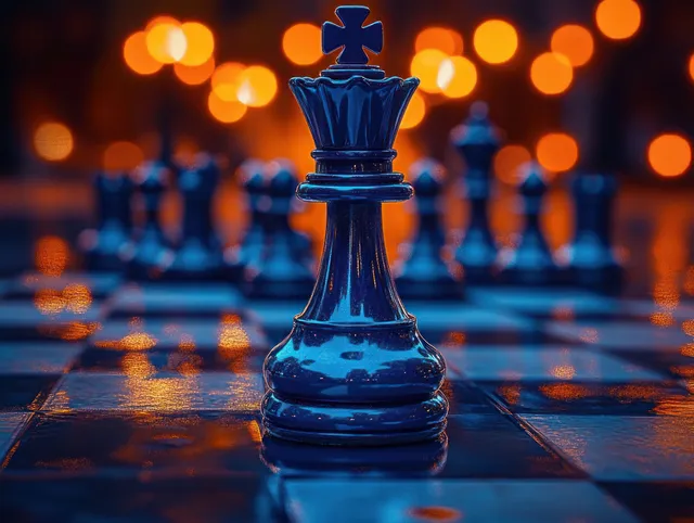 Blue king chess piece in sharp focus on reflective board with glowing bokeh background