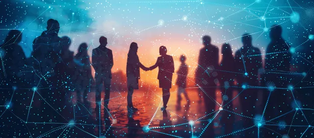 Global business partners handshake with glowing digital network across futuristic city