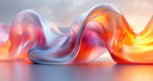 Iridescent ribbon-like glass sculpture with colorful curves glowing under soft light