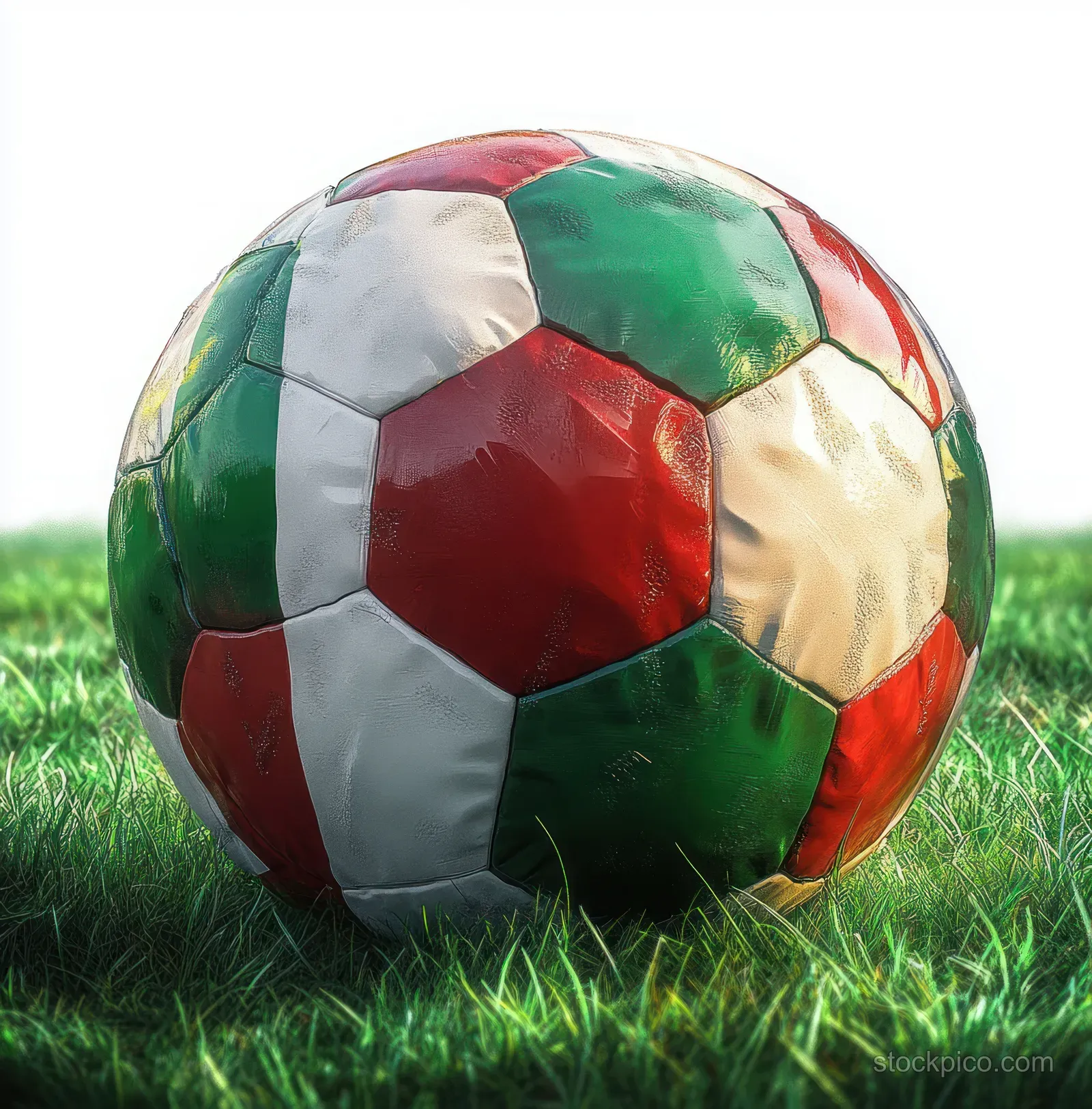 Italian flag soccer ball with red white and green panels resting on green grass in soft sunlight.