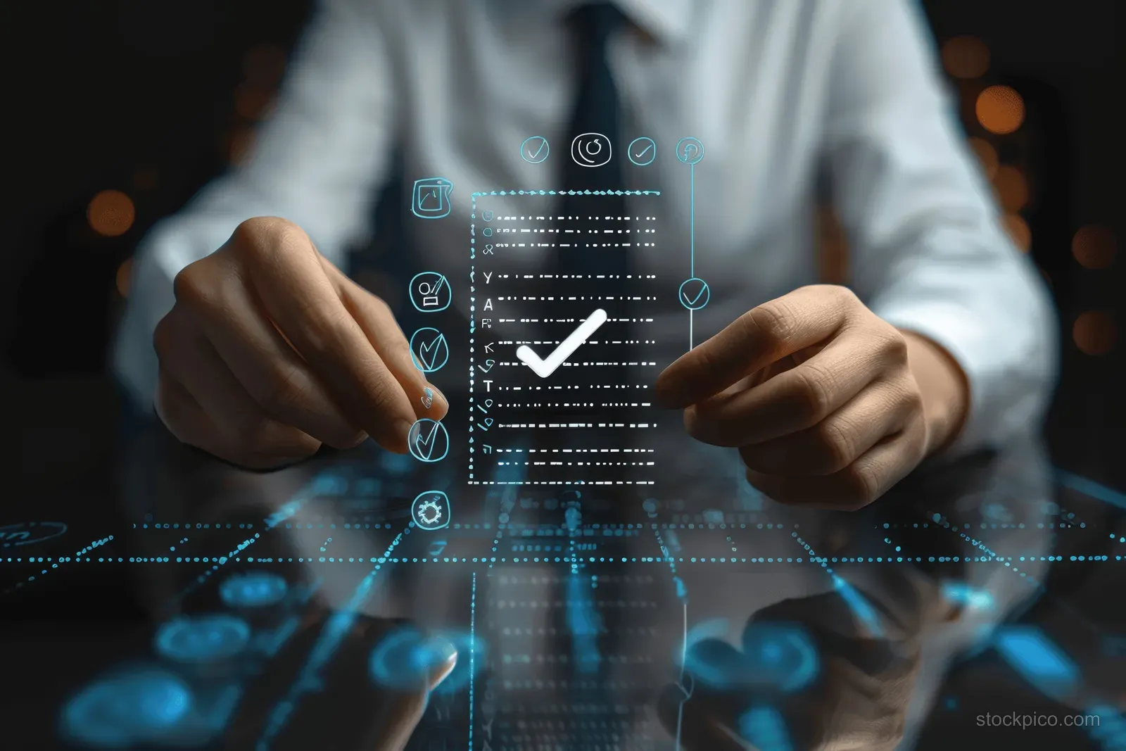Hands marking a checklist with a glowing digital approval checkmark overlay on a document.