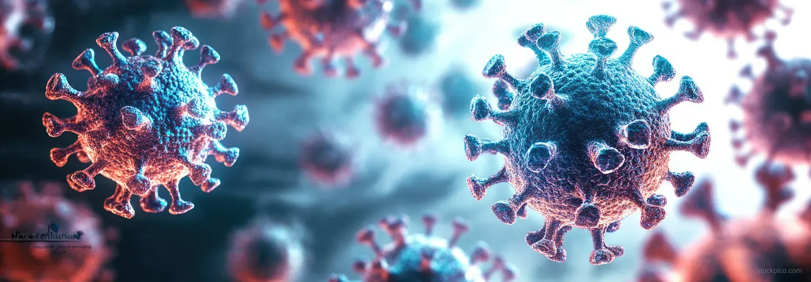 Neon blue coronavirus-like spheres glow over a blurred red background suggesting an epidemic outbreak.