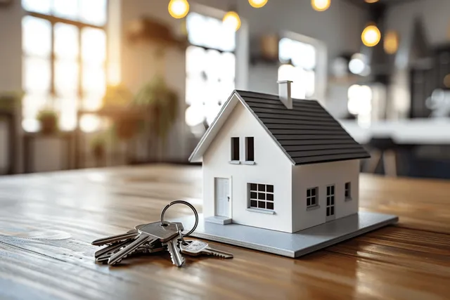 Small house model with keys on wooden table near sunlit kitchen window