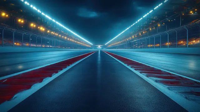 Symmetrical illuminated empty race track with red and white curbs running straight under cloudy night stadium lights.