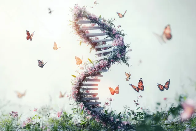 A vine and flower DNA helix grows from grass as butterflies float across a soft misty background.