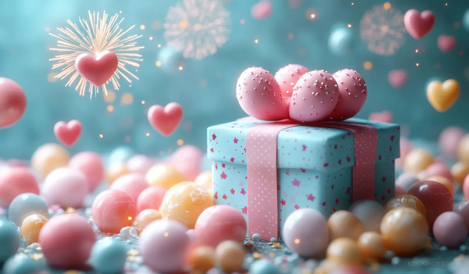 A vibrant 3D scene with a wrapped gift box, soft balloons, hearts, and sparkling fireworks for a festive celebration.