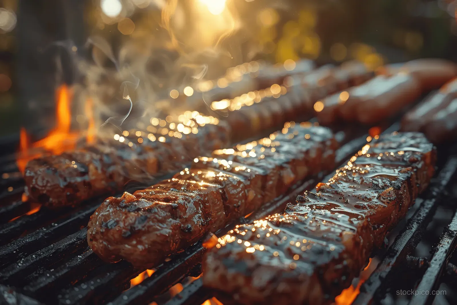Seasoned steaks sizzle on a hot barbecue grill as flames flicker beneath the grates.